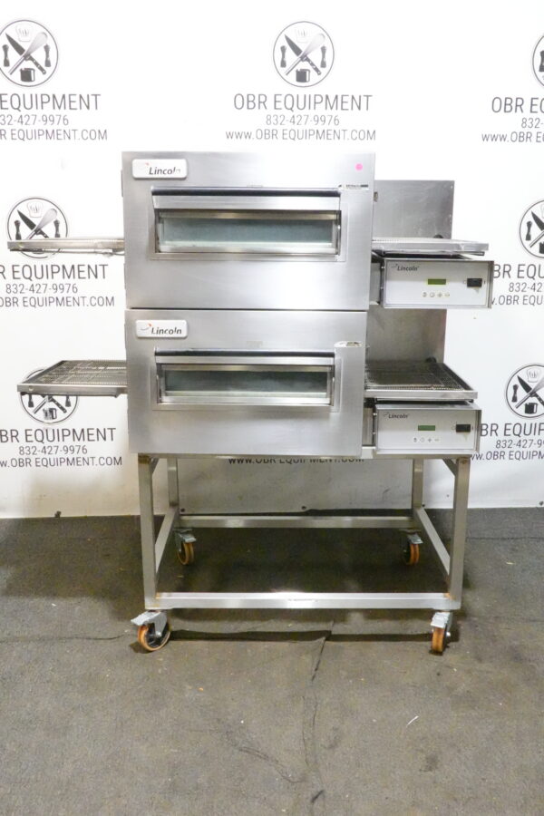 LINCOLN IMPINGER ELECTRIC DOUBLE STACK PIZZA CONVEYOR OVEN ON STAND MODEL 1132-002-U