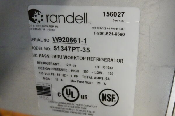 RANDELL 47” SELF-CONTAINED REFRIGERATED PASS THRU WORKTOP MODEL 51347PT-35 - Image 8