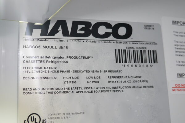 HABCO SINGLE SECTION GLASS DOOR REACH-IN REFRIGERATOR MODEL SE18 - Image 7