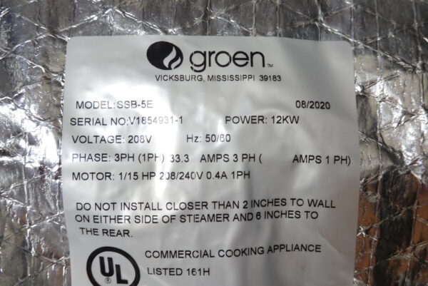 2020 GROEN 5 PAN COUNTERTOP CONVECTION STEAMER MODEL SSB-5E (MFR 2020) - Image 12