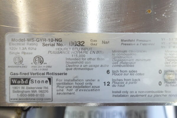 WOOD STONE NATURAL GAS VERTICAL ROTISSERIE MODEL WS-GVR-10-NG (10- SPIT’S MODEL) - Image 14