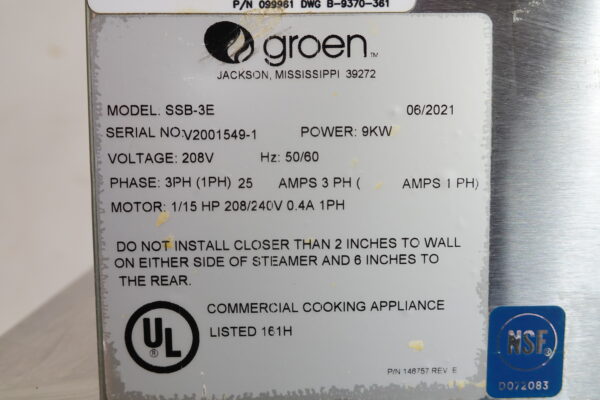 2021 GROEN 3 PAN ELECTRIC BOILERLESS CONVECTION STEAMER ON STAND MODEL SSB-3E (MFR 2021) - Image 12