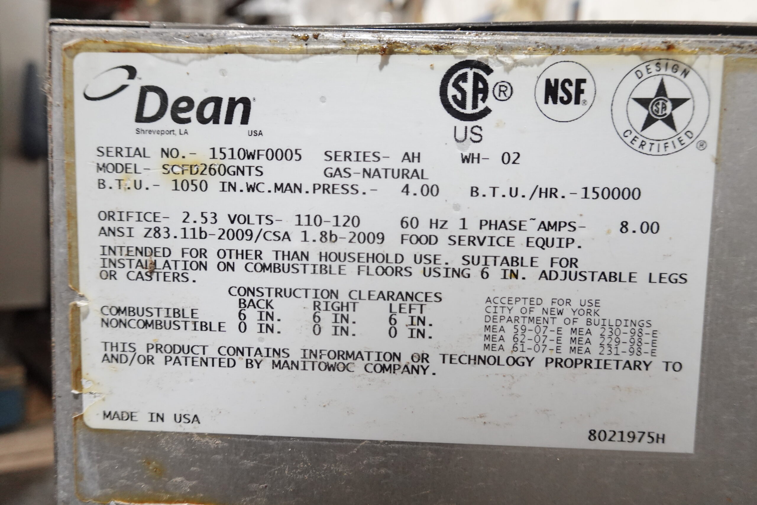 DEAN TWO BAY NATURAL GAS (75 LBS CAPACITY PER BAY) FRYER WITH FILTRATION SYSTEM MODEL SCFD260GNTS (Copy) - Image 5